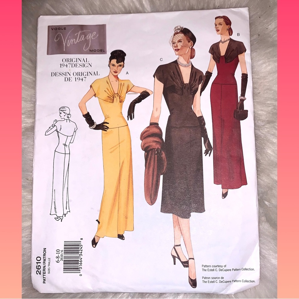 Vogue vintage style (1947) sewing pattern #2610 Hollywood glamorous dress Uncut